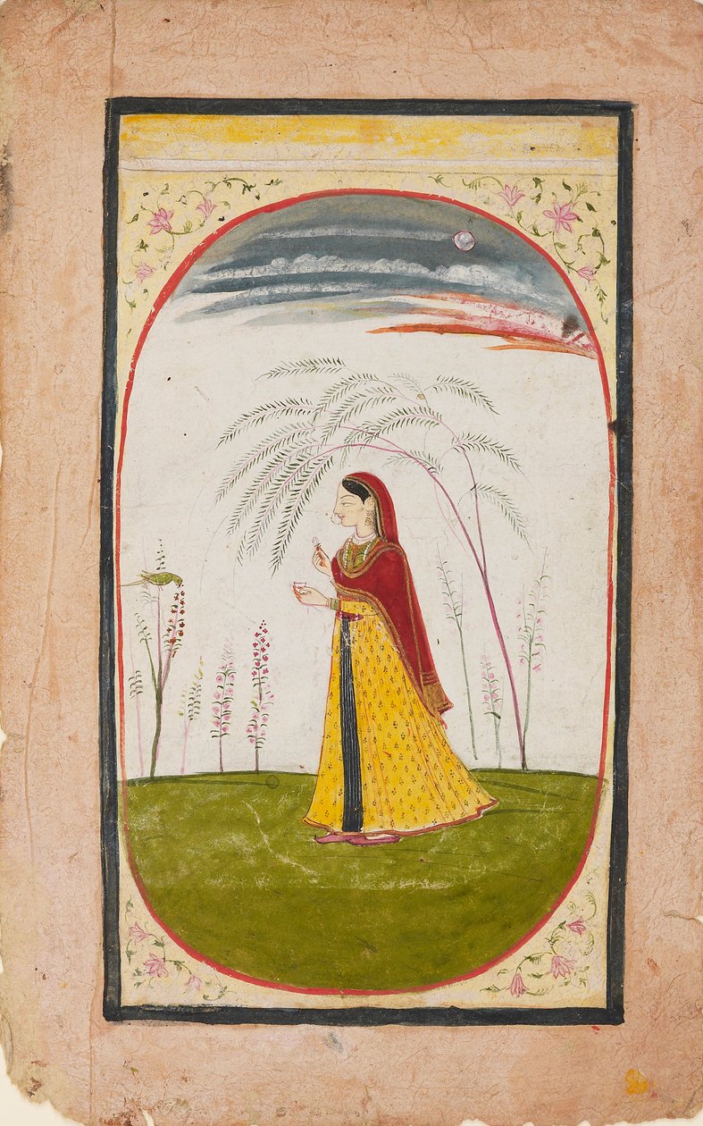 Eine Dame in einer spärlichen Landschaft, die eine Blume und eine Tasse hält, frühes 19. Jahrhundert von Unbekannt