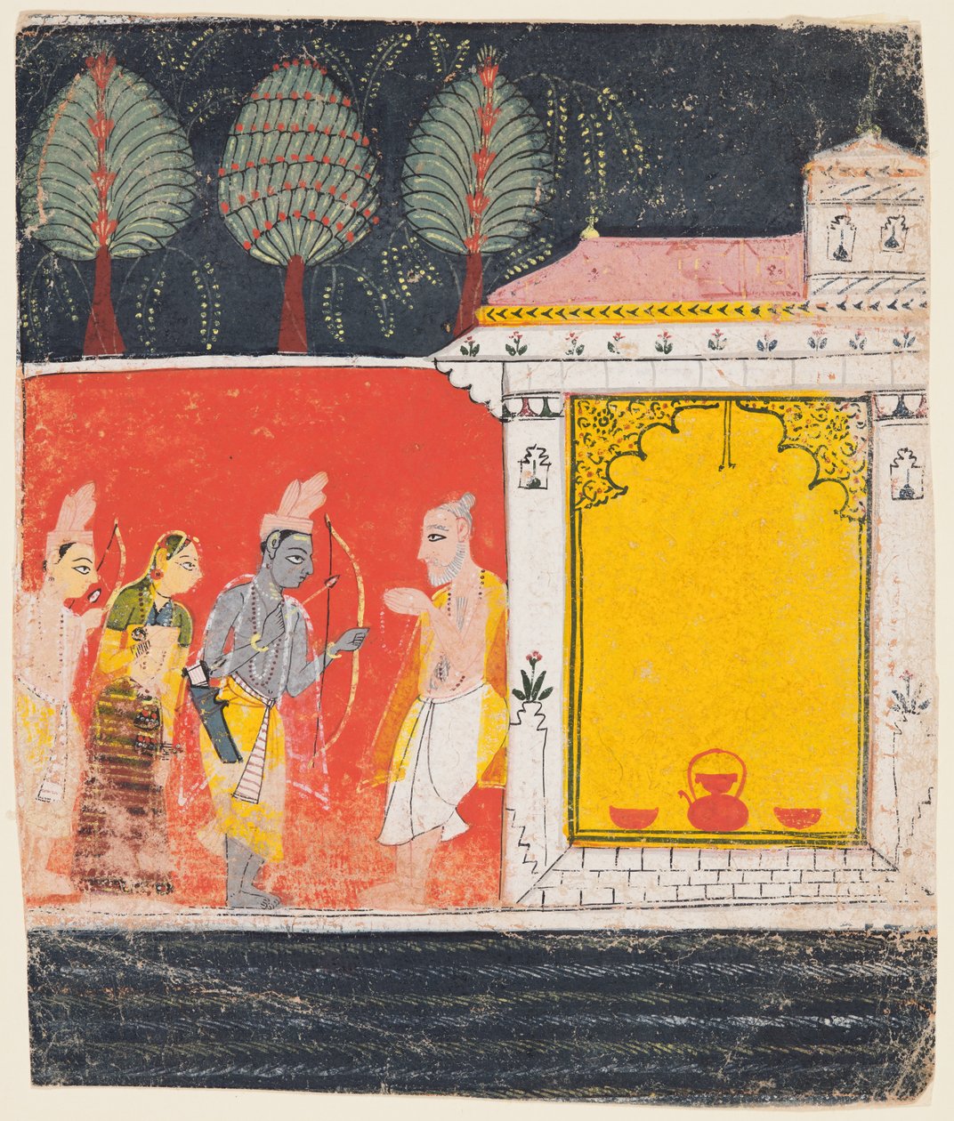 Eine Seite aus einem Ramayana: Eine Nachtszene von Rama, Lakshman und Sita vor dem Rishi..., ca. 1650 von Unbekannt