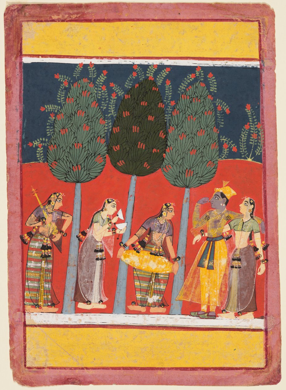 Eine Seite aus einer Rasikapriya-Serie: Krishna und Radha und die Sakhis mit Musikinstrumenten, ca. 1650 von Unbekannt