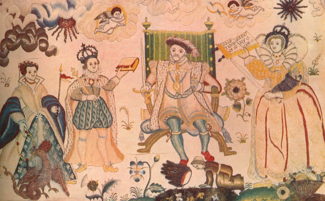 Ein Wandteppich mit Heinrich VIII., Edward VI. und Elizabeth I. Vermutlich elisabethanisch von Unbekannt