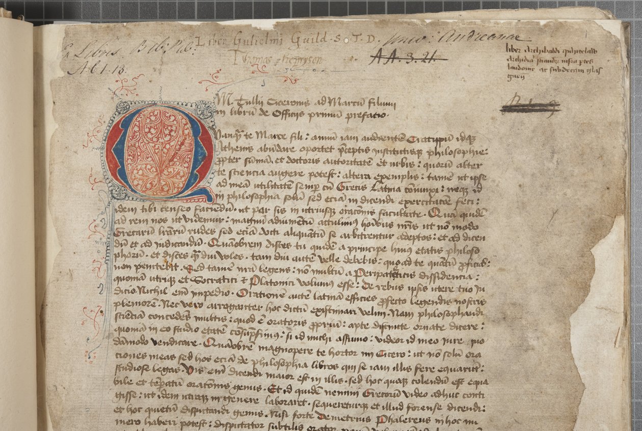 Ein Transkript, in drei Händen, der philosophischen Werke von Marcus Tullius Cicero, scheinbar aus der editio romana von 1471, mit Marginalien in der Hand von Archibald Whitelaw und anderen, ca. 1480 von Unbekannt