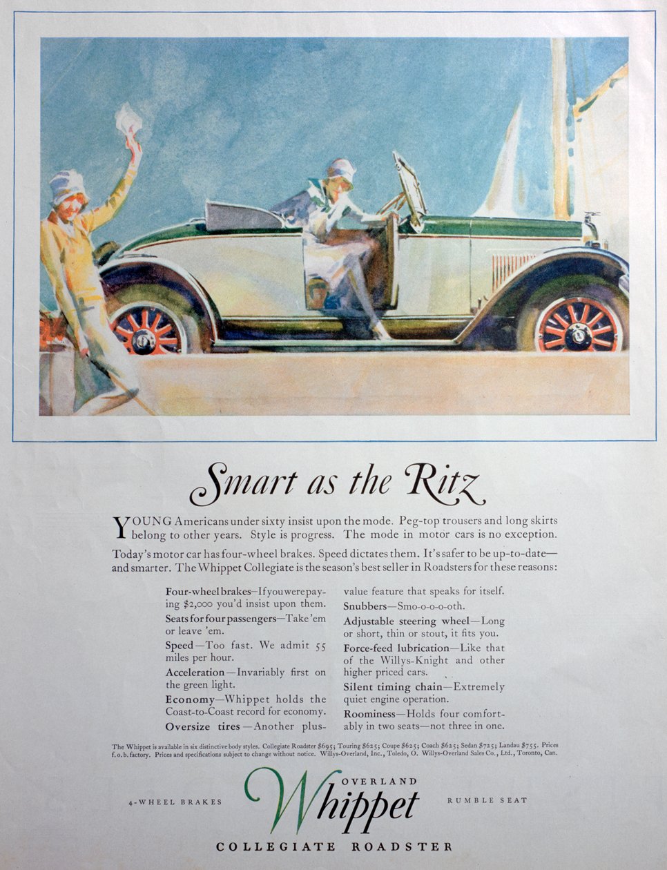 Werbung für das Overland Whippet Collegiate Roadster Auto, 1927 von Unbekannt