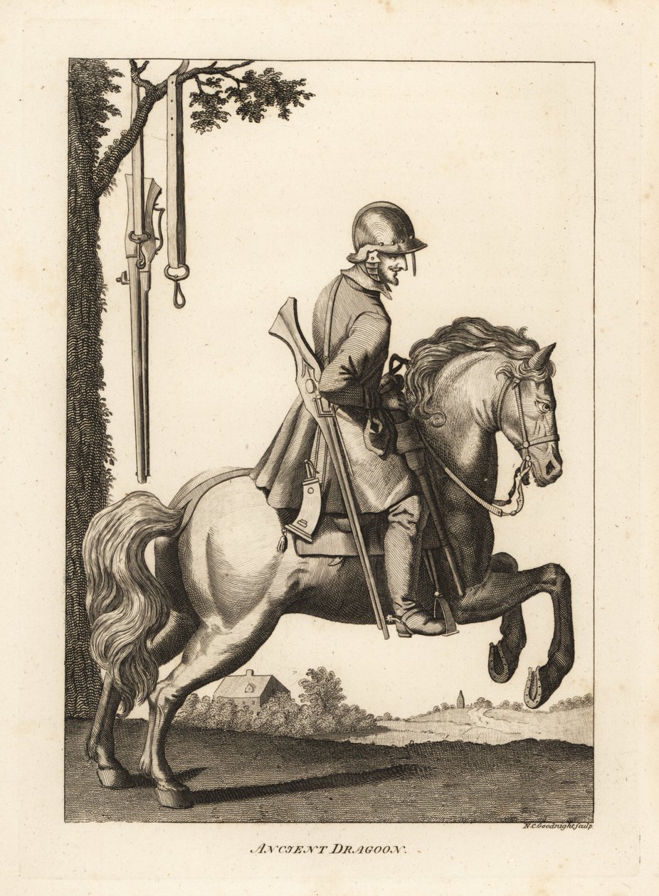 Alter Dragoner zu Pferd mit Helm, Muskete und Pulverhorn von Unbekannt