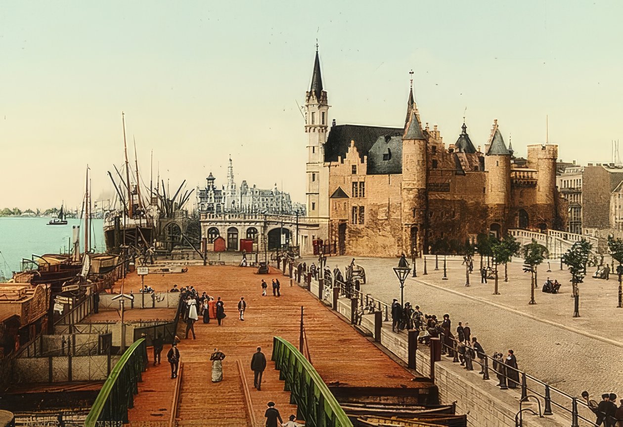 Antwerpen (Anvers). Blick über die alte Burg (Het Steen) auf den Hafen von Unbekannt