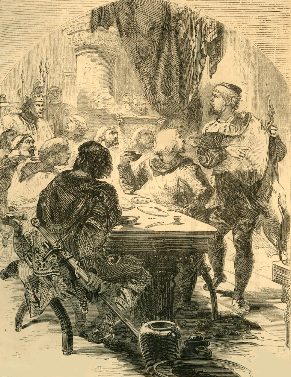 Bei einem Bankett von Harold erhält er die Nachricht von der Invasion der Normannen, um 1890 von Unbekannt