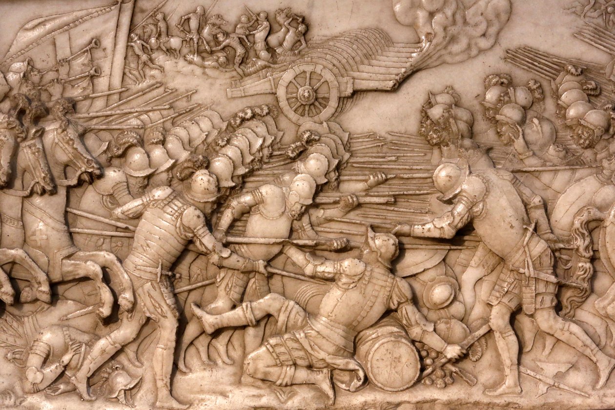 Basilika von St. Denis, Grab von Franz I. König von Frankreich und Claude von Frankreich, Relief der Stiftung, Darstellung der Schlacht von Marignano 1515 - die Franzosen und ihre Artillerie gegen die Alte Eidgenossenschaft, Saint-Denis, Frankreich von Unbekannt