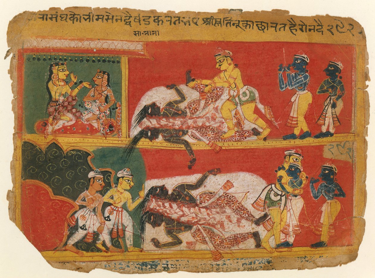 Bhima tötet Jarasandha: Seite aus einem Bhagavata Purana Manuskript, ca. 1540 von Unbekannt
