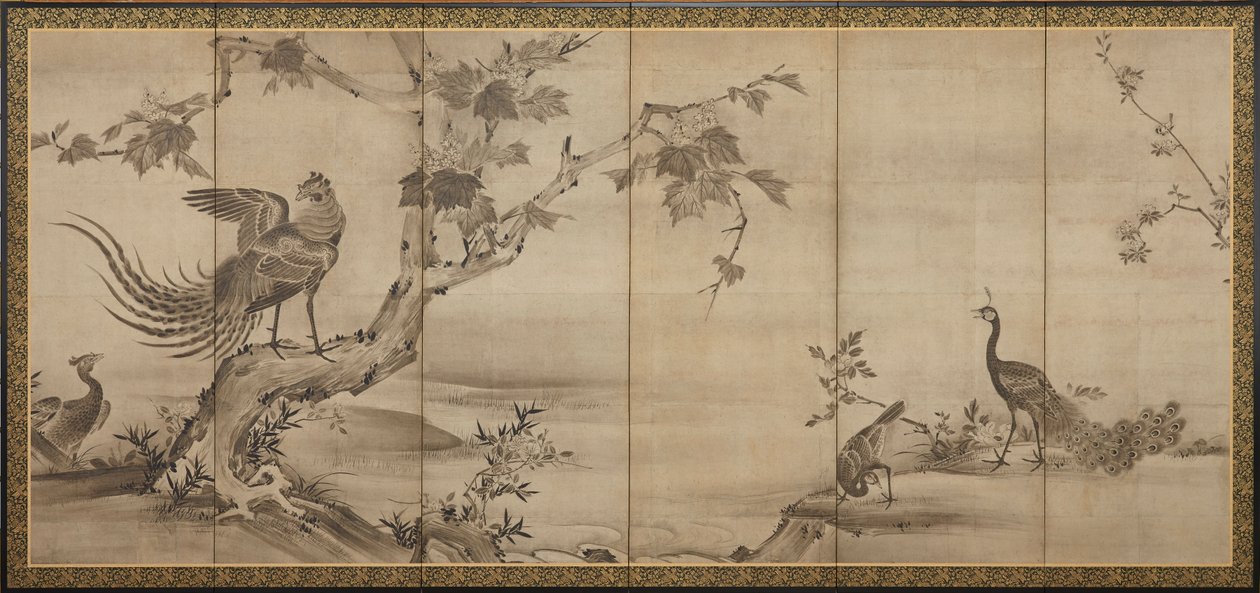 Vögel, Blumen und Bäume: auf der Rückseite Bambusbäume, Momoyama-Periode, 1568-1615 von Unbekannt