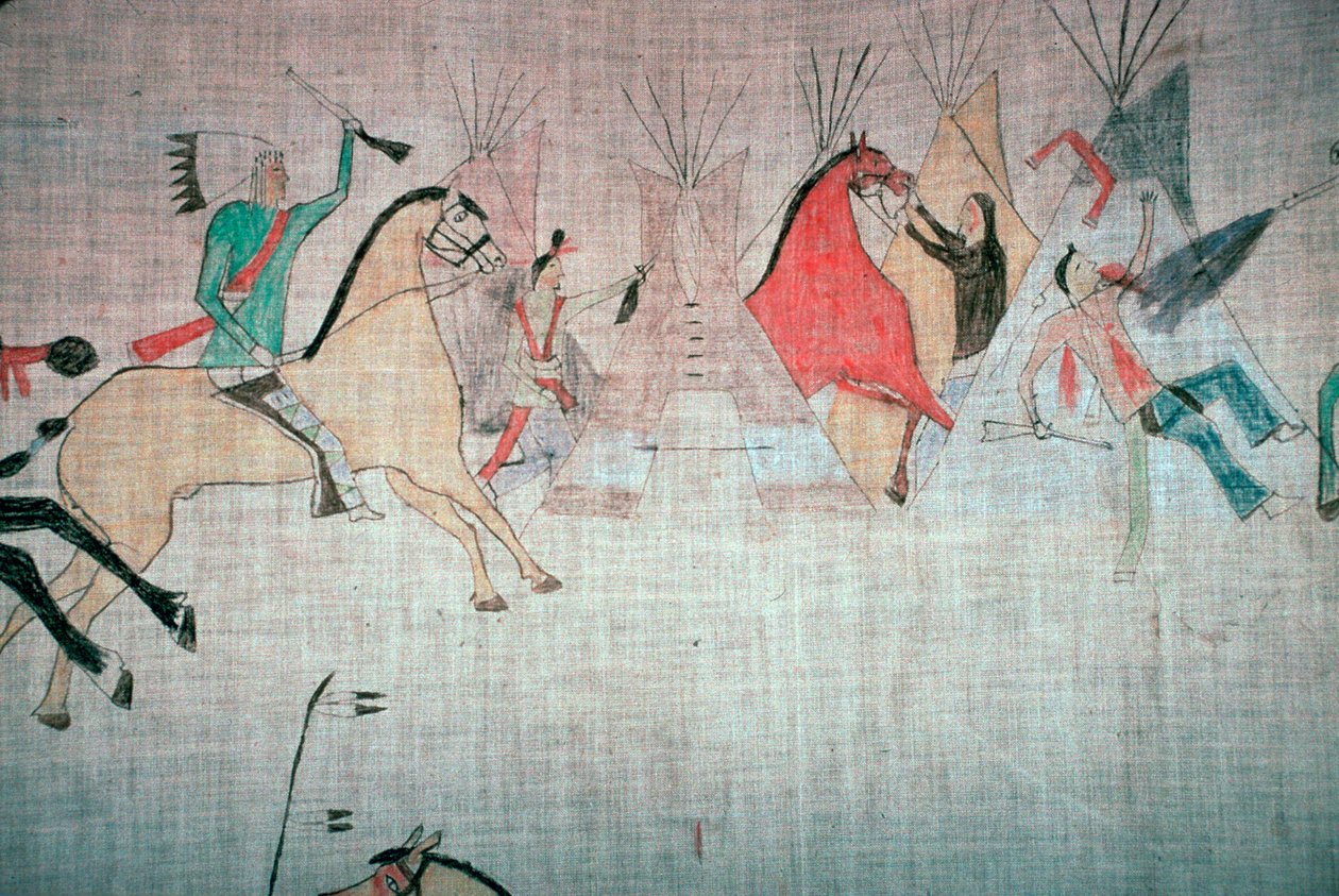 Blackfoot-Indianer-Tipi-Auskleidung, die einen Angriff auf ein Lager zeigt von Unbekannt