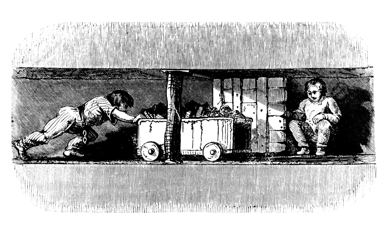 Junge schiebt einen mit Kohle beladenen Wagen vom Kohleflöz zum Schachtboden (ca. 1848) von Unbekannt
