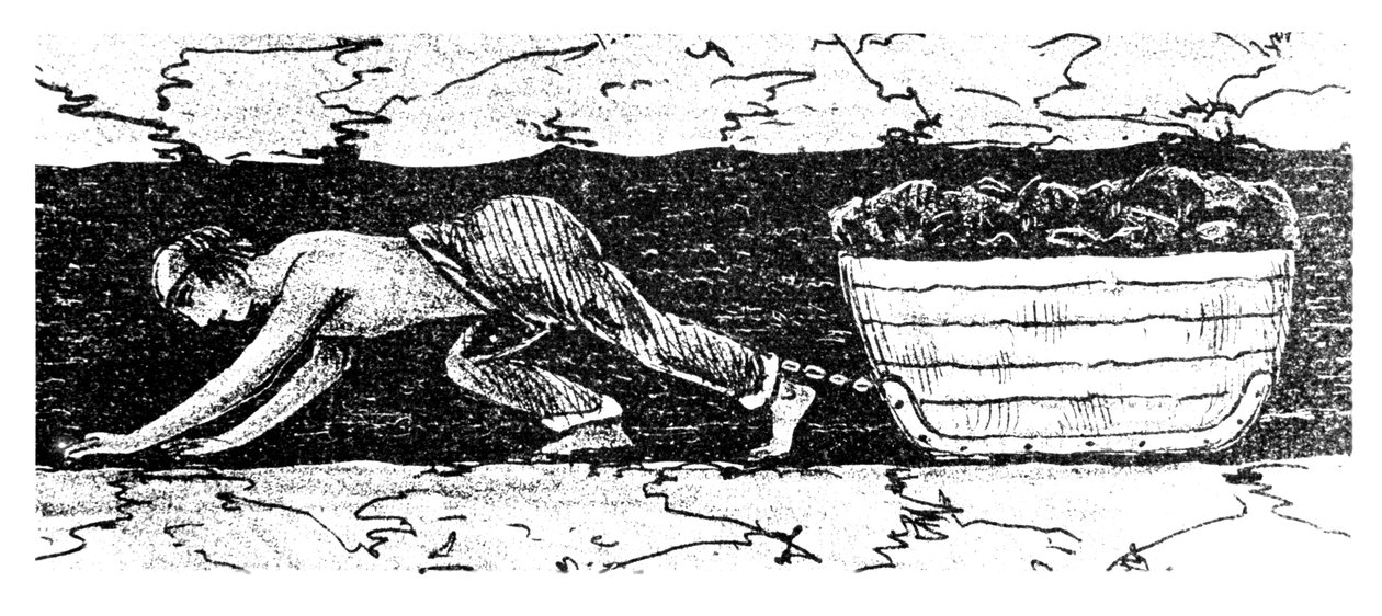 Junge, der einen Kohleschlitten durch einen engen Stollen zieht, Südwales, 1848 von Unbekannt
