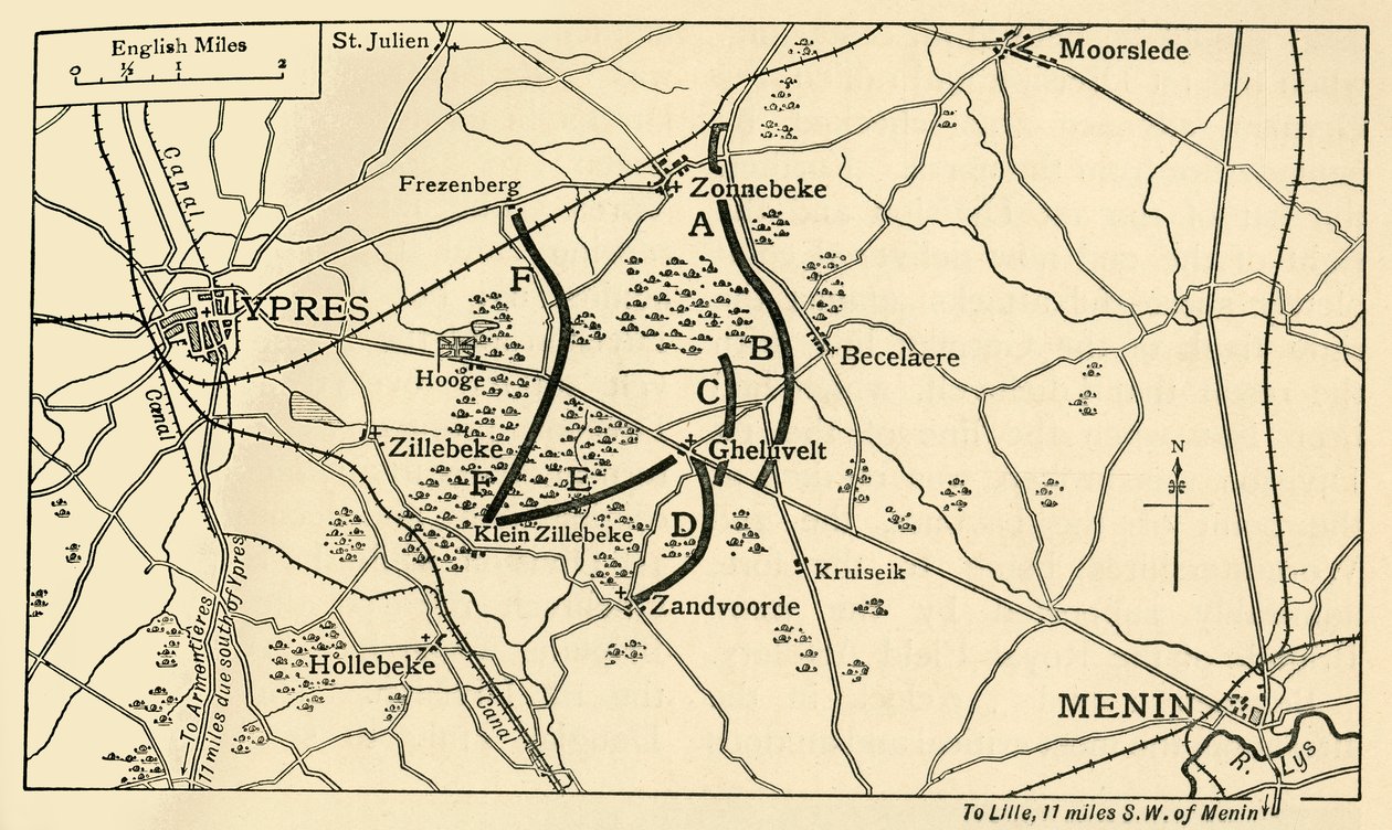 Britische Positionen vor der Ersten Schlacht von Ypern, Erster Weltkrieg, 1914, ca. 1920 von Unbekannt