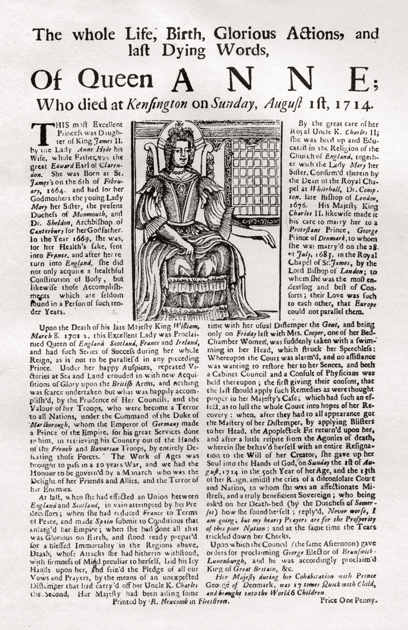 Flugblatt veröffentlicht zum Tod von Königin Anne, 1714 von Unbekannt