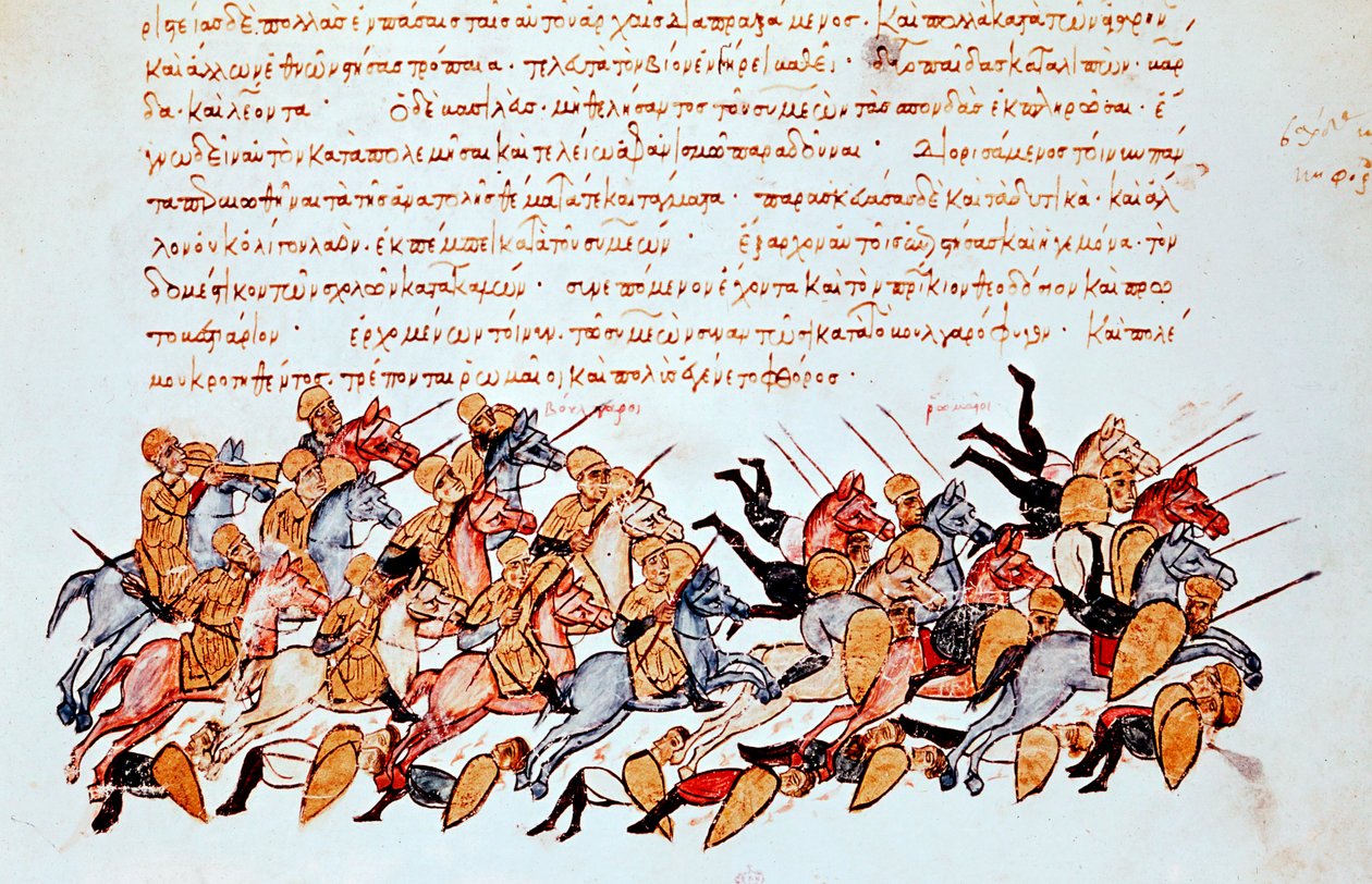 Byzantinische Kavalleristen überwältigen feindliche Kavallerie und Fußsoldaten von Unbekannt