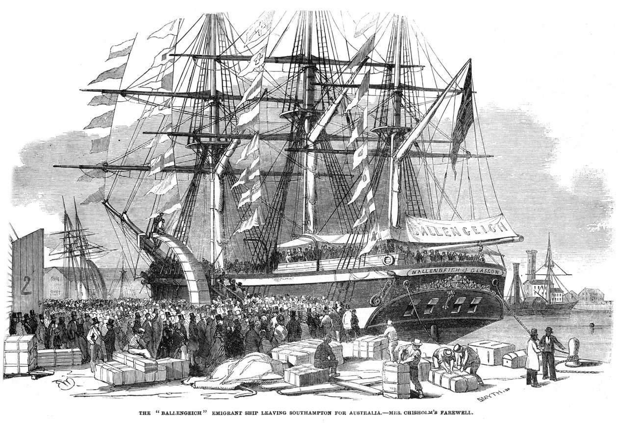 Caroline Chisholm spricht zu einer Menge vom Auswandererschiff Ballengeich, 1852 von Unbekannt