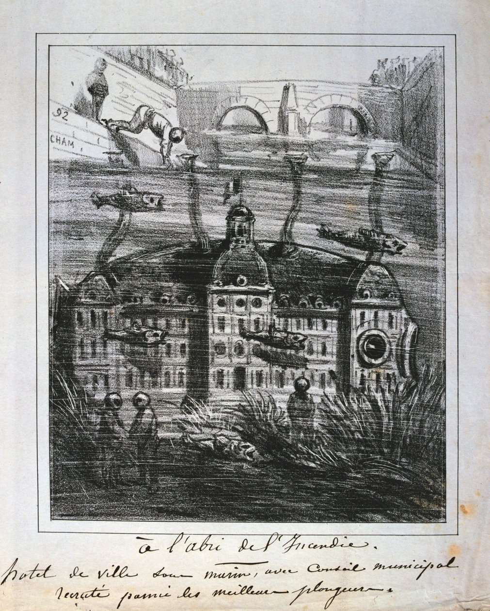 Karikaturvorschlag, das Hôtel de Ville unter Wasser wieder aufzubauen, um Feuer zu verhindern, Pariser Kommune, 1871 von Unbekannt