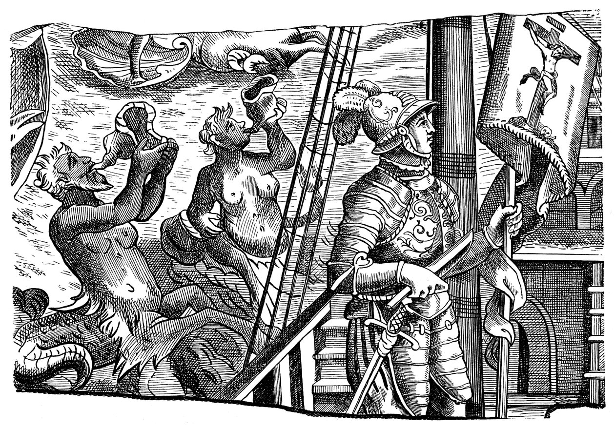 Christoph Kolumbus während seiner Reise nach Amerika, Gravur, ca. 1500 von Unbekannt