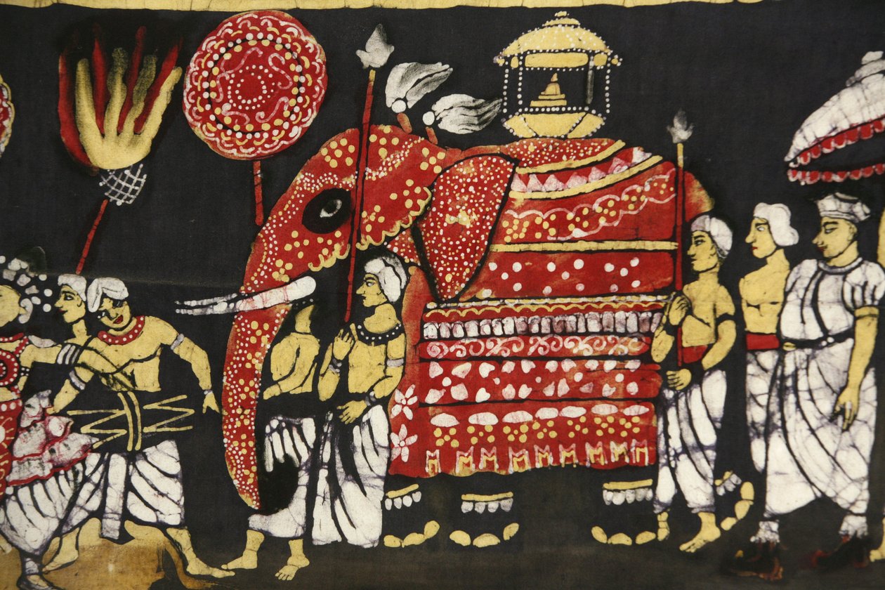 Stoffdruck, der die Pilgerfahrt zur heiligen Buddha-Zahn-Reliquie in Kandy darstellt, Paris, Frankreich von Unbekannt