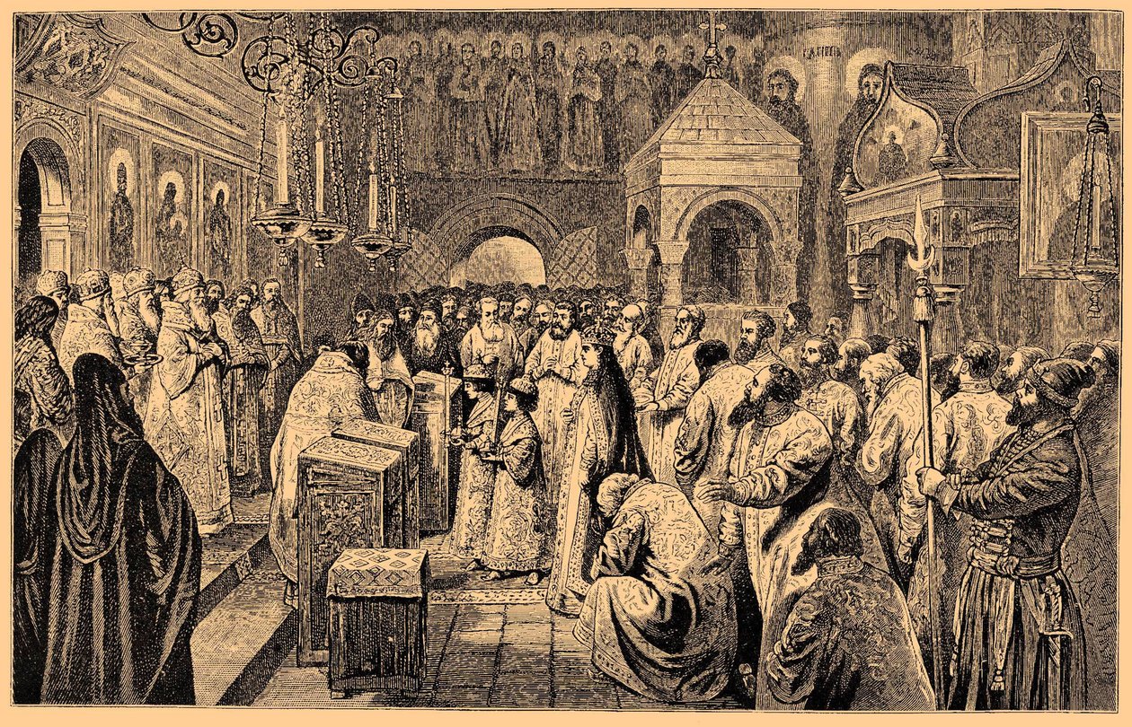 Krönung der beiden Romanow-Kinder, Iwan V. und Peter I., 1682, 19. Jahrhundert von Unbekannt