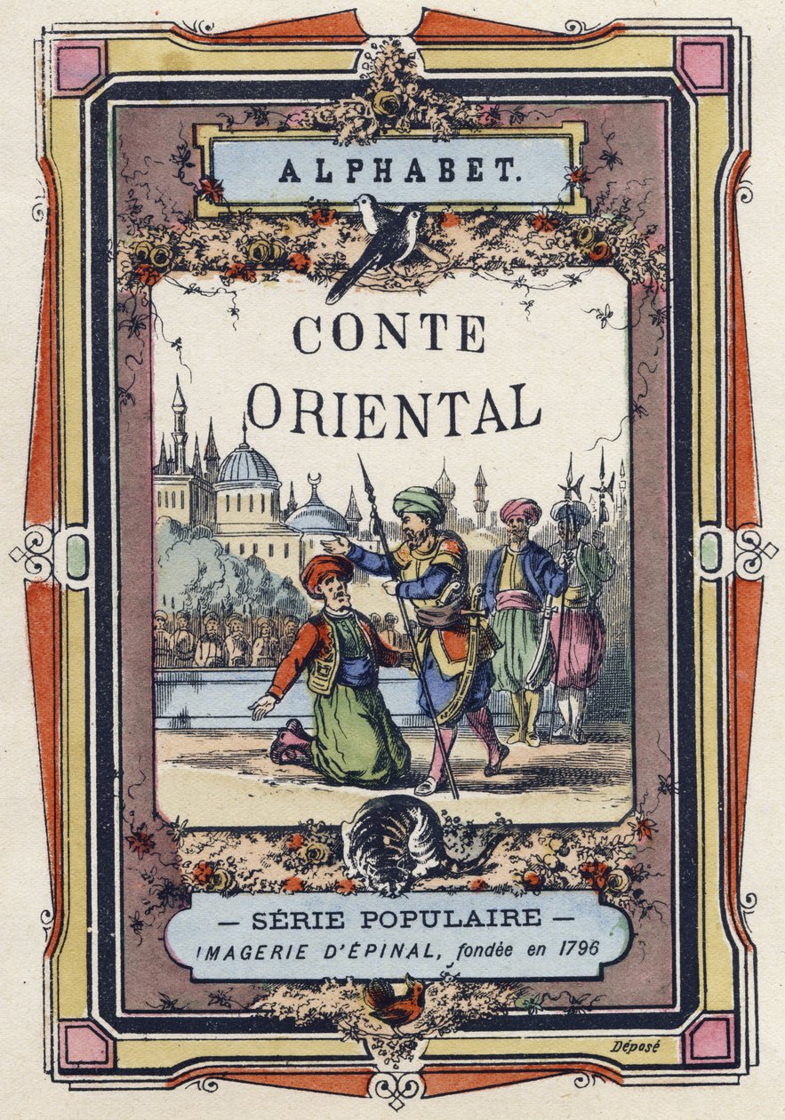 Titelblatt des Alphabets des orientalischen Märchens. Epinal-Bildgebung, um 1890. Beliebte Serie. Kleines Heft mit 8 Seiten. von Unbekannt