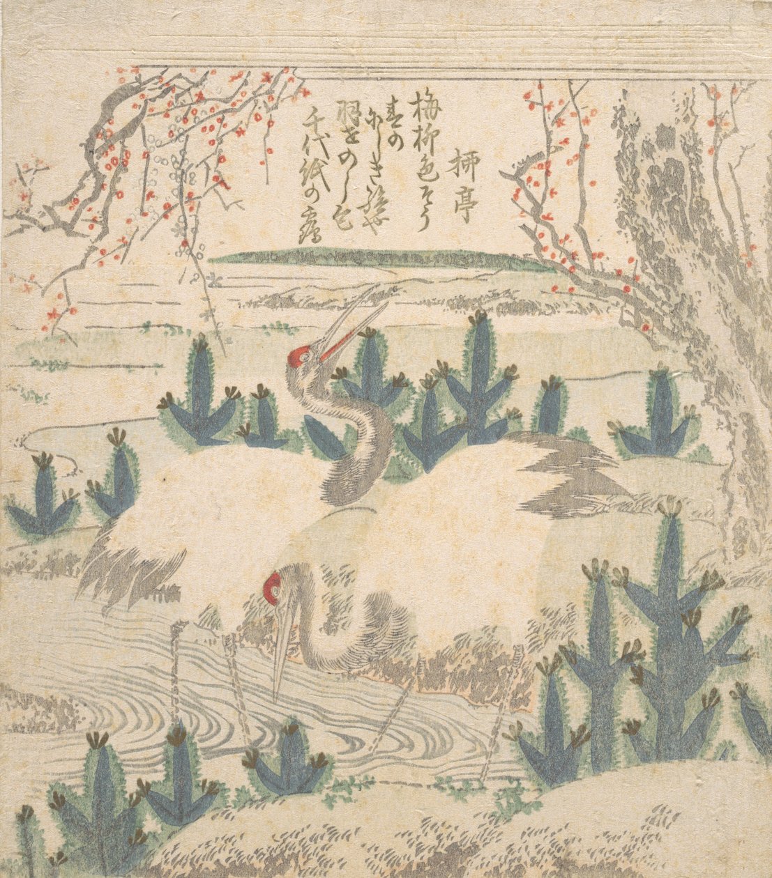 Kraniche unter jungen Kiefern an einem Bach, ca. 1830 von Unbekannt
