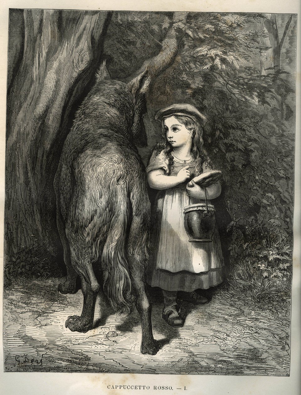 Beim Durchqueren des Waldes trifft Rotkäppchen den Wolf. Gravur von Gustave Doré (1832-1883) aus „Les contes“ von Charles Perrault (1628-1703) von Unbekannt