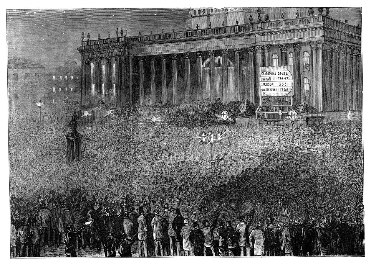 Bekanntgabe des Wahlergebnisses während der Parlamentswahl, Leeds, West Yorkshire, 1880 von Unbekannt
