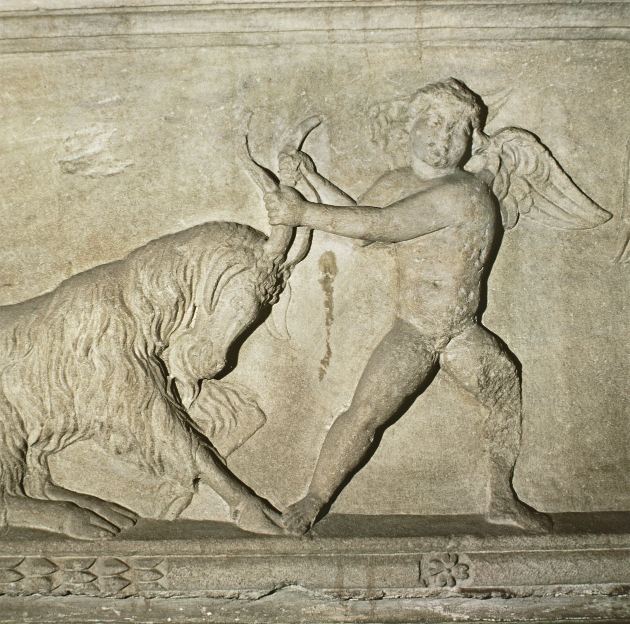 Detail eines griechischen Sarkophags aus Lydien, Darstellung eines Putto, der mit einer Ziege ringt von Unbekannt