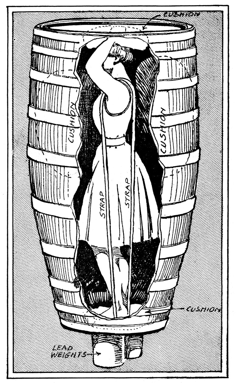 Diagramm von Mrs. Anne Edson Taylor im Fass, in dem sie über die Niagarafälle stürzte, 1901 von Unbekannt