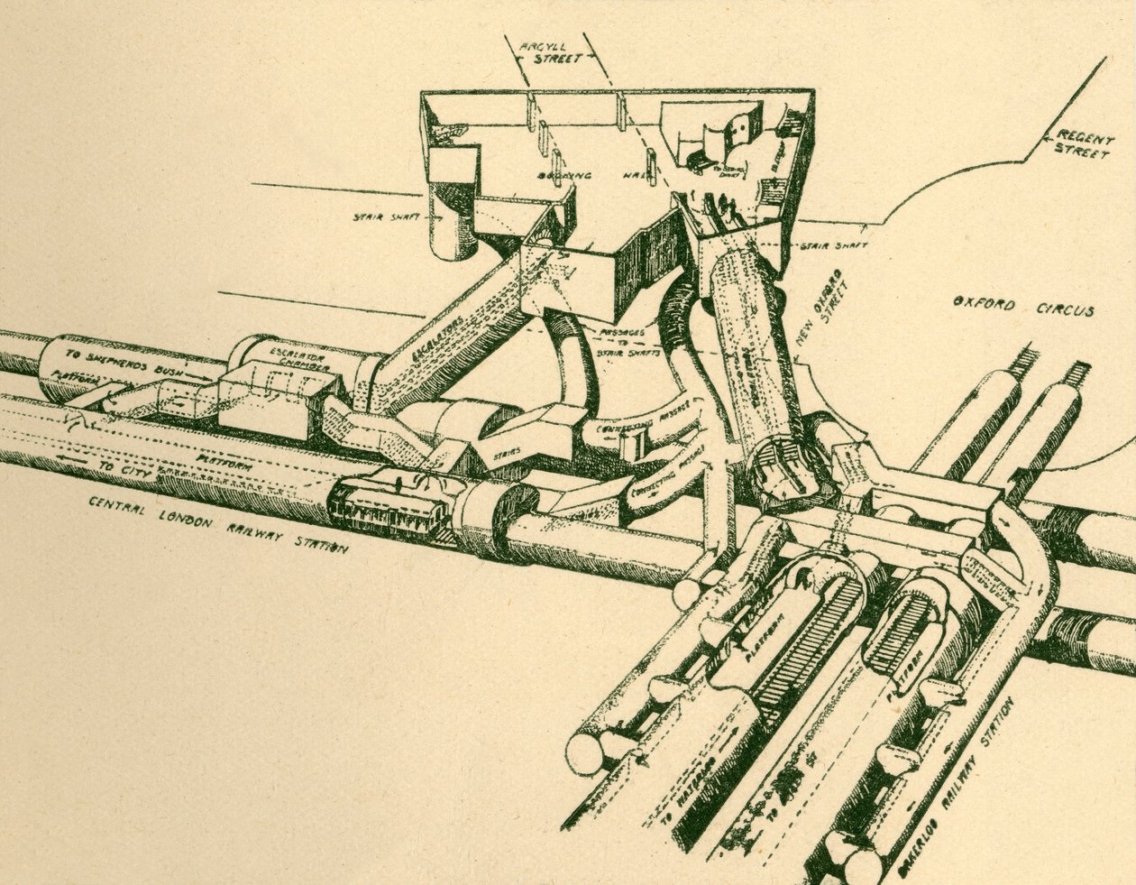 Diagramm der neuen U-Bahn-Station am Oxford Circus, 1930 von Unbekannt
