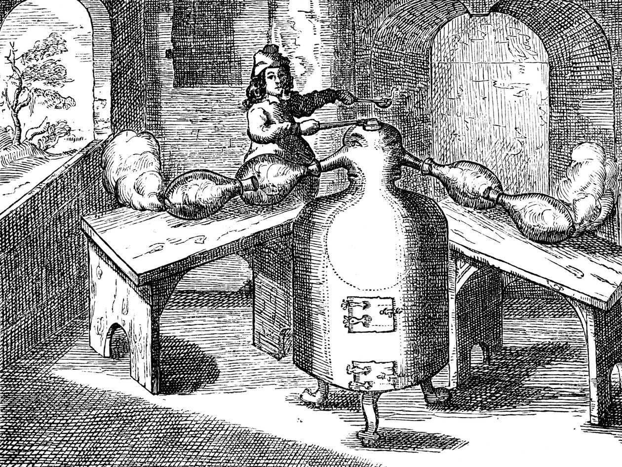 Destillation von Salpetersäure in einem Eisenmann mit zwei Nasen, 1689 von Unbekannt