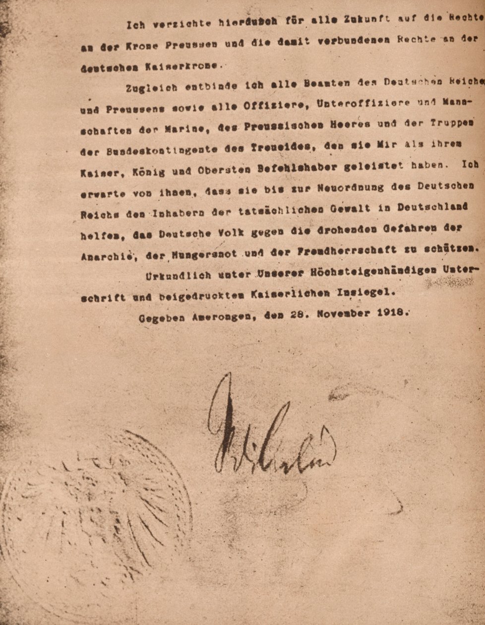 Dokument zur Abdankung von Kaiser Wilhelm II. von Deutschland, 9. November 1918 von Unbekannt