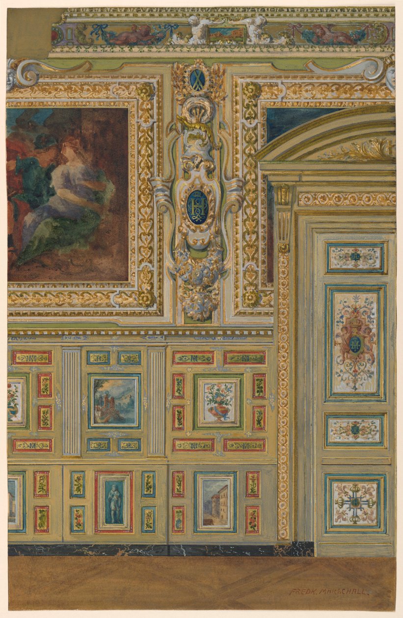 Querschnitt einer Wand mit Gruppen bemalter Paneele, Ovales Zimmer, Salon Louis XIV, Schloss Fontainebleau, Frankreich von Unbekannt