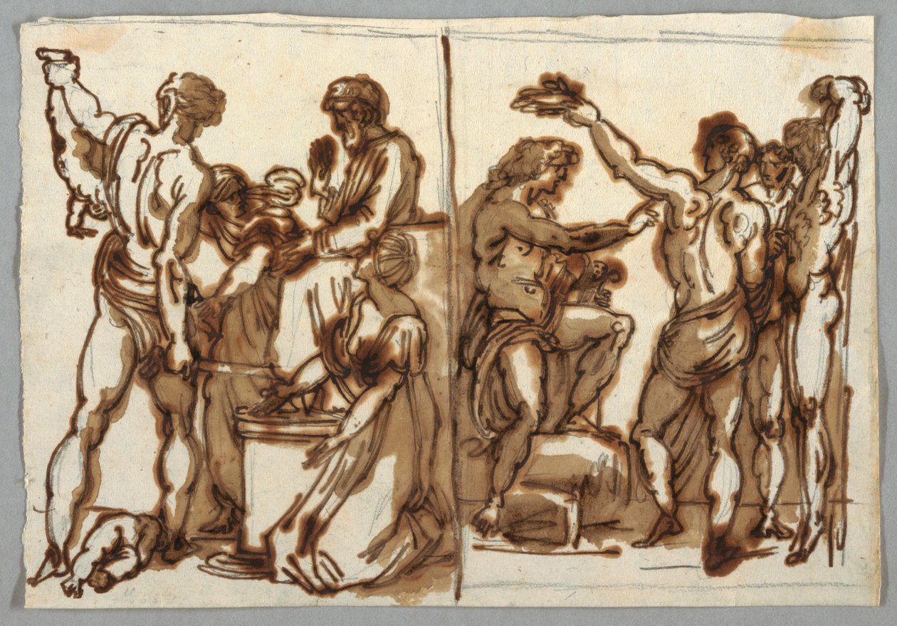 Zeichnung, Das Urteil Salomos; Die Häutung des Marsyas, ca. 1820 von Unbekannt