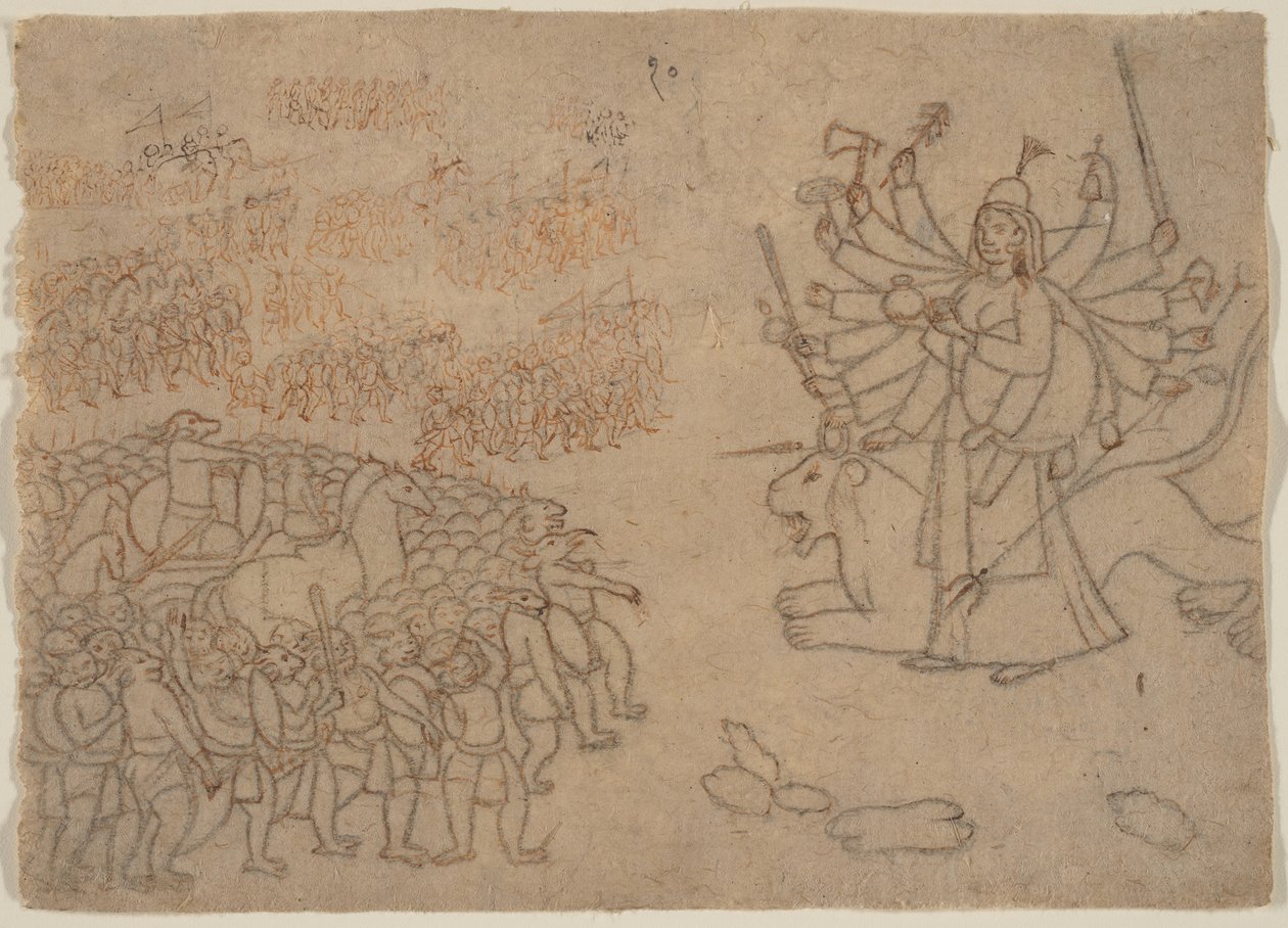 Durga konfrontiert die Armee des Dämons Chikshura: Szene aus dem Devi Mahatmya (ca. 1780) von Unbekannt