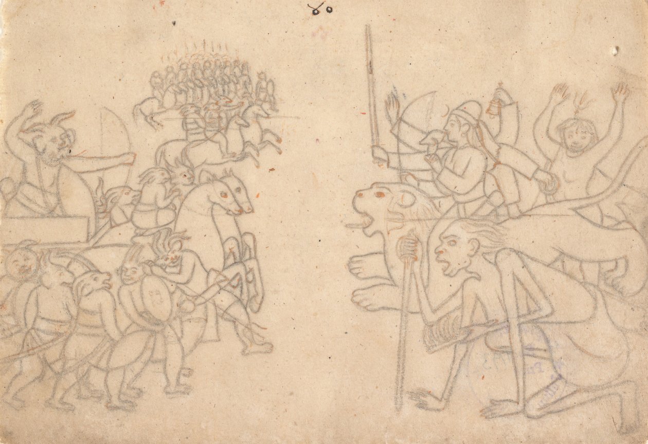 Durga und Kali nähern sich den versammelten Armeen von Chanda und Munda, aus dem Devi Mahatmya, ca. 1780 von Unbekannt