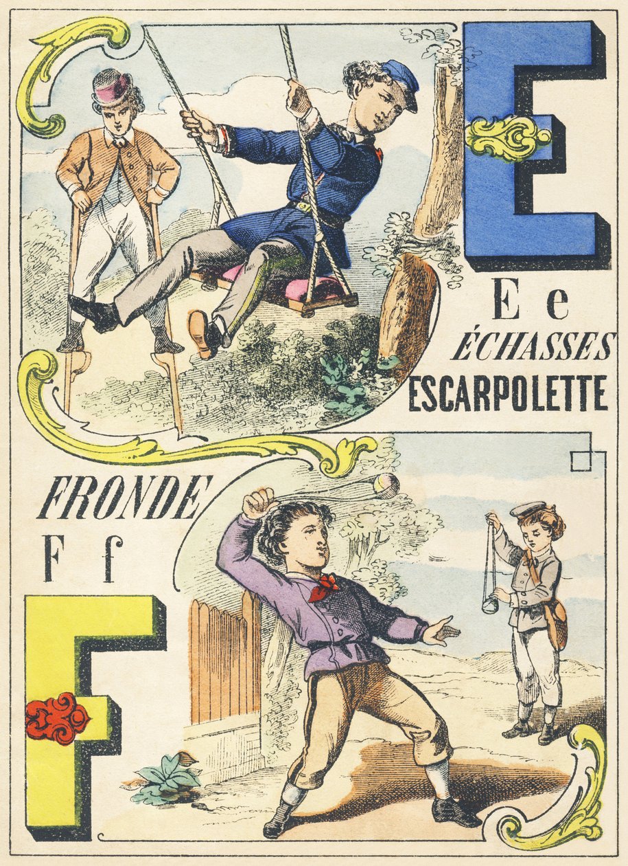 E F: echasses, escarpolette, fronde - Spiele Alphabet, ca. 1890 von Unbekannt