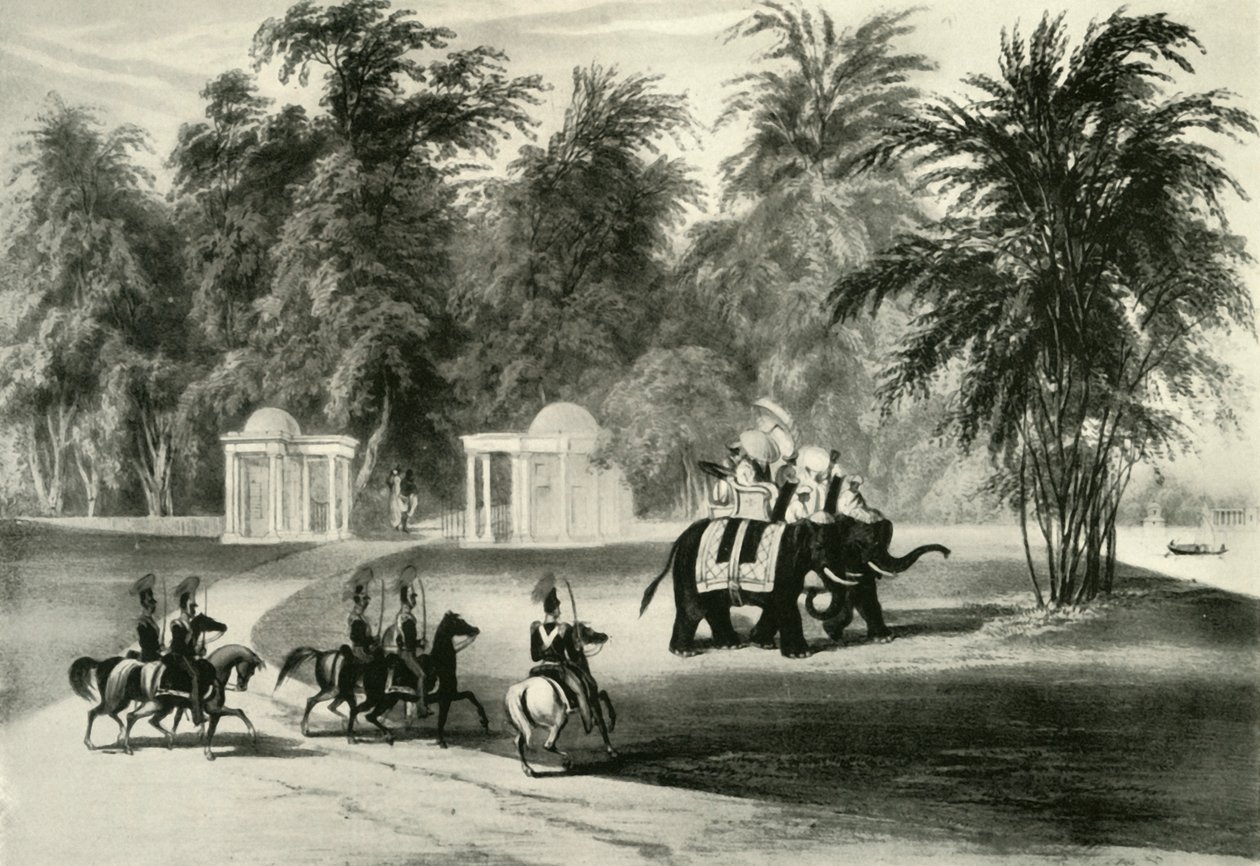 Elefanten und Leibwache im Barrackpore Park, 1820, 1925 von Unbekannt