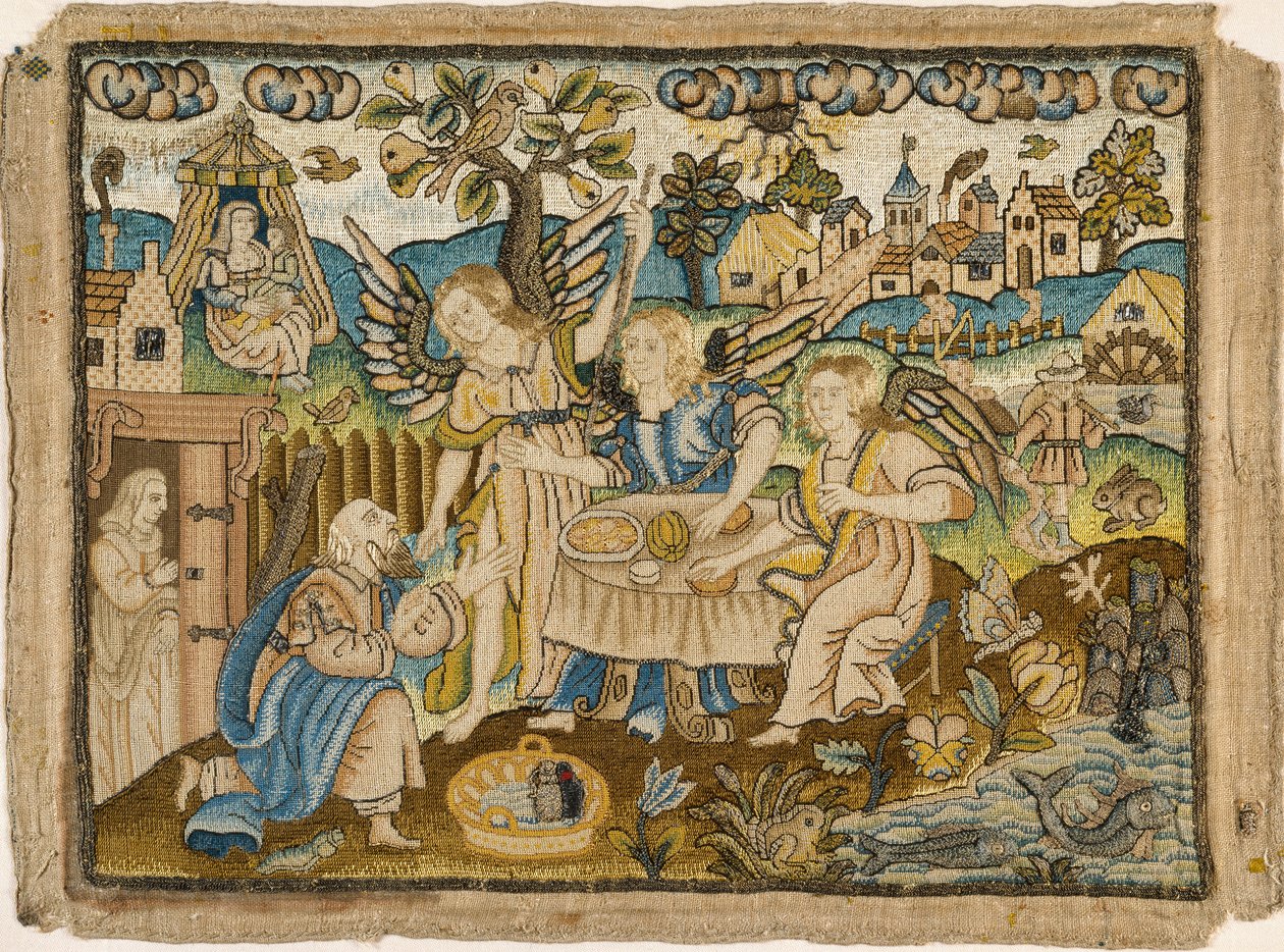 Gesticktes Bild: Abraham bewirtet die Engel, 2. Hälfte des 17. Jahrhunderts von Unbekannt