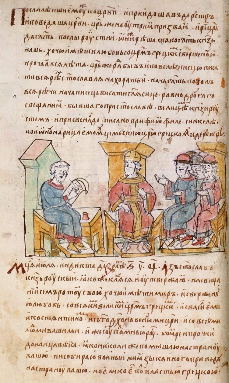 Kaiser Johannes I. Tzimiskes trifft sich mit Botschaftern von Swjatoslaw I. von Kiew aus der Radziwill-Chronik, 15. Jahrhundert von Unbekannt