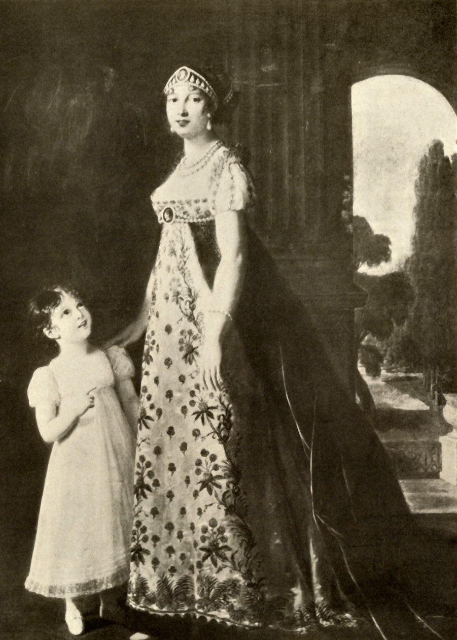 Empire-Kleid und Kinderkleid mit Valenciennes-Spitze besetzt, 1804, 1937 von Unbekannt