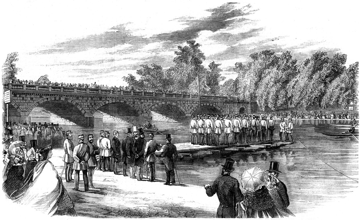 Experimente mit der Pontonbrücke von Captain Fowke auf der Serpentine, Hyde Park, London, 1860 von Unbekannt