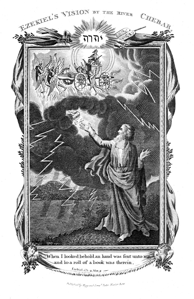 Ezechiels Vision von einem Wagen am Himmel und einer Hand in den Wolken, die ihm ein Buch reicht, 1804 von Unbekannt