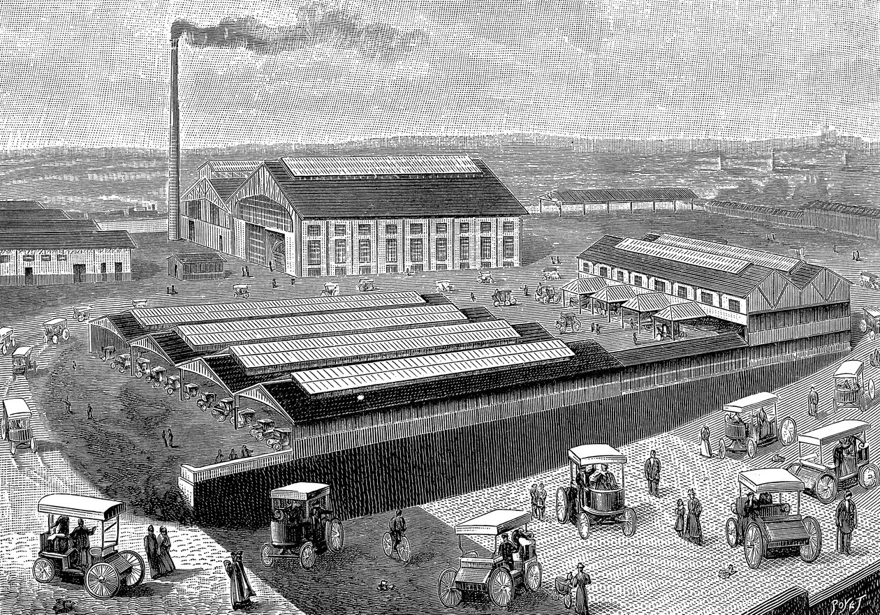 Fabrik zur Herstellung, Wiederaufladung und Wartung von Elektrotaxis, Aubervilliers, Frankreich, 1899 von Unbekannt