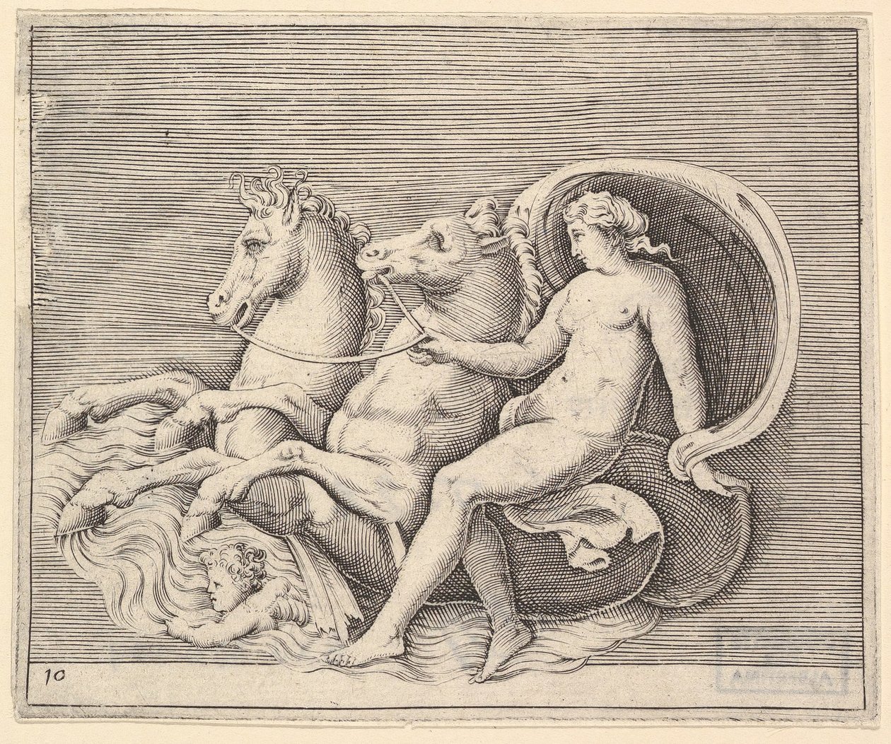 Weiblicher Akt mit zwei Seepferdchen, veröffentlicht ca. 1599-1622 von Unbekannt