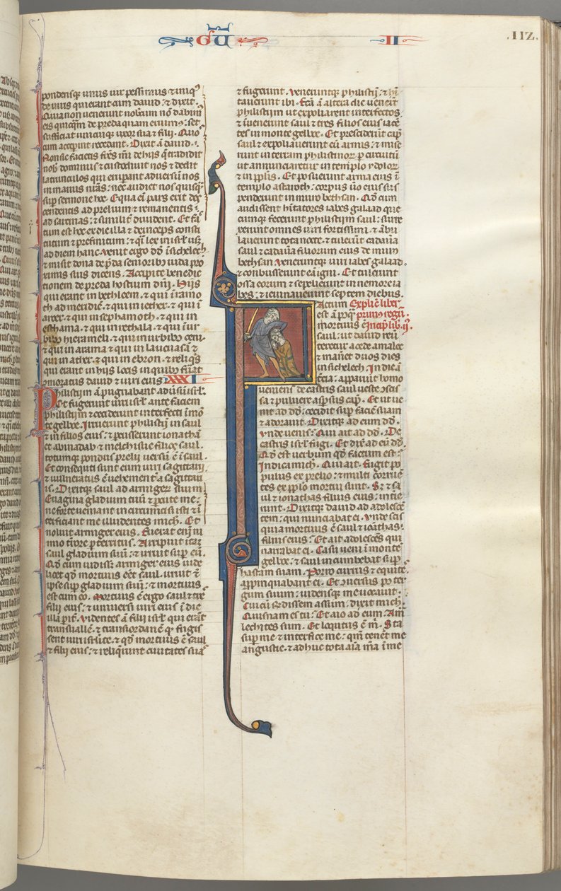 Fol. 112r, Könige II, historiierte Initiale F, die Enthauptung des Amalekiters, ca. 1275-1300 von Unbekannt