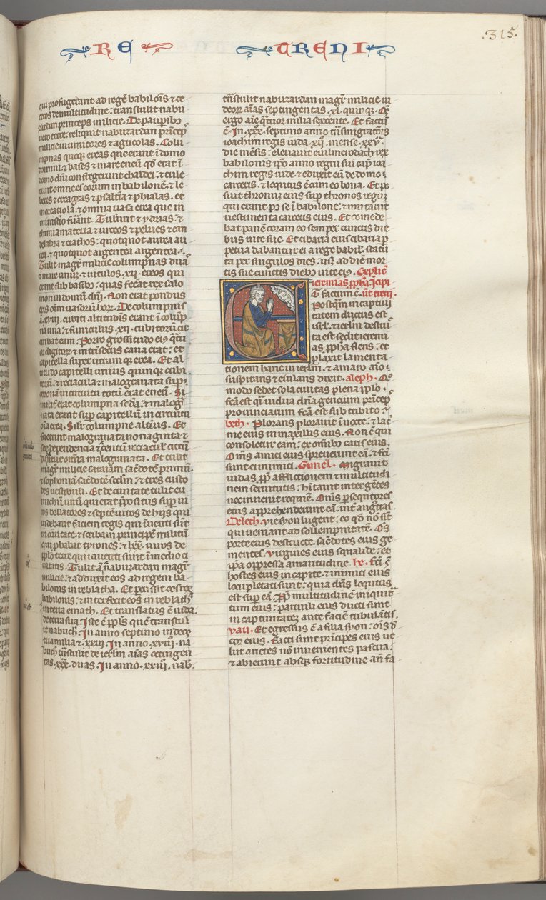 Fol. 315r, Klagelieder, historisierte Initiale E, ein kniender Jeremia betet zu einer Büste Gottes von Unbekannt