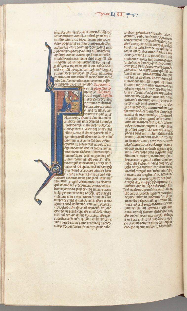 Fol. 412v, Lukas, historiierte Initiale F, Lukas betet an einem Altar, Büste Gottes darüber, um 1275-1300 von Unbekannt