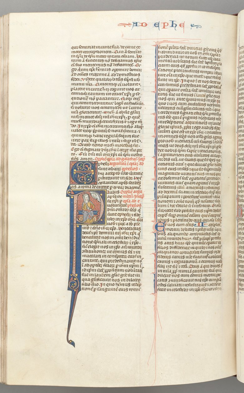 Fol. 450v, Epheser, historisierte Initiale P, Paulus sitzend mit einem Schwert, die Büste Gottes darüber, ca. 127 von Unbekannt