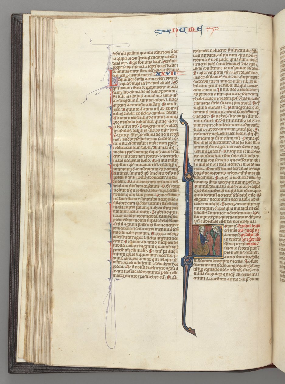 Fol. 46v, Numeri, historisierte Initiale L, Moses mit Hörnern, kniend vor Gott, um 1275-1300 von Unbekannt